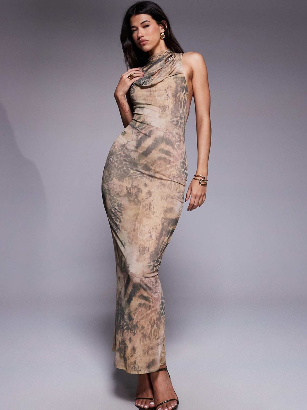 ASOS Sleeveless Cowl Neck Maxi Dress in Beige Print